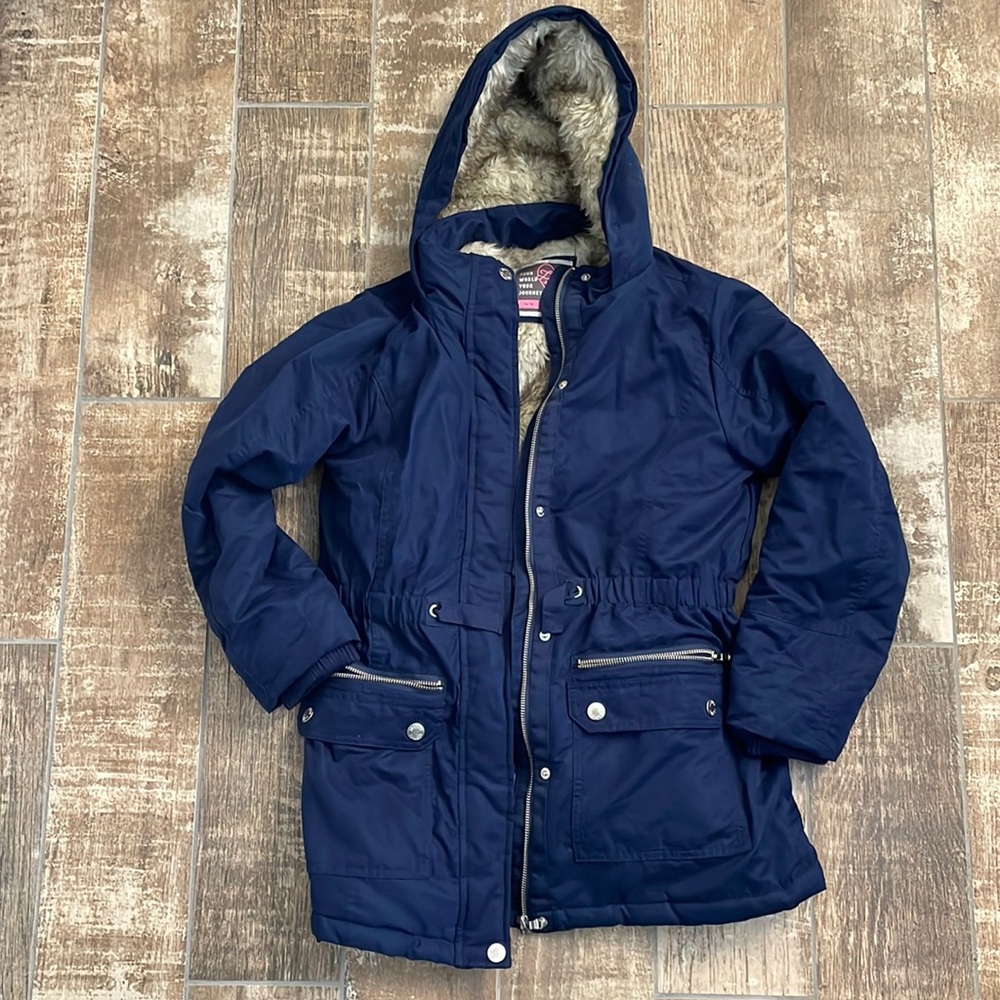Justice Blue Hooded Coat with Faux Fur, 14/16, EUC